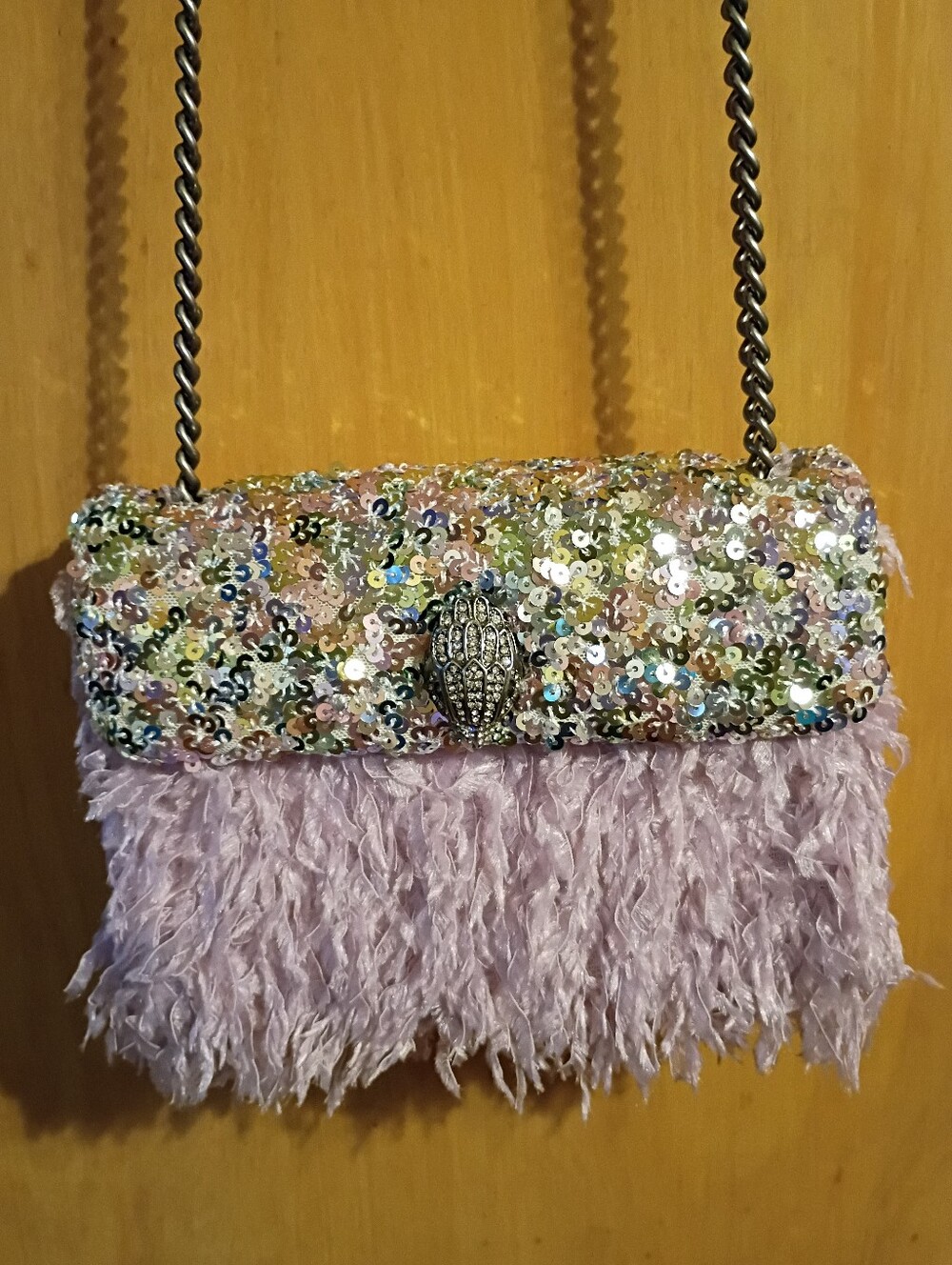 KURT GEIGER Pink Sequin & Faux-Fur Shoulder Bag with Gold Chain